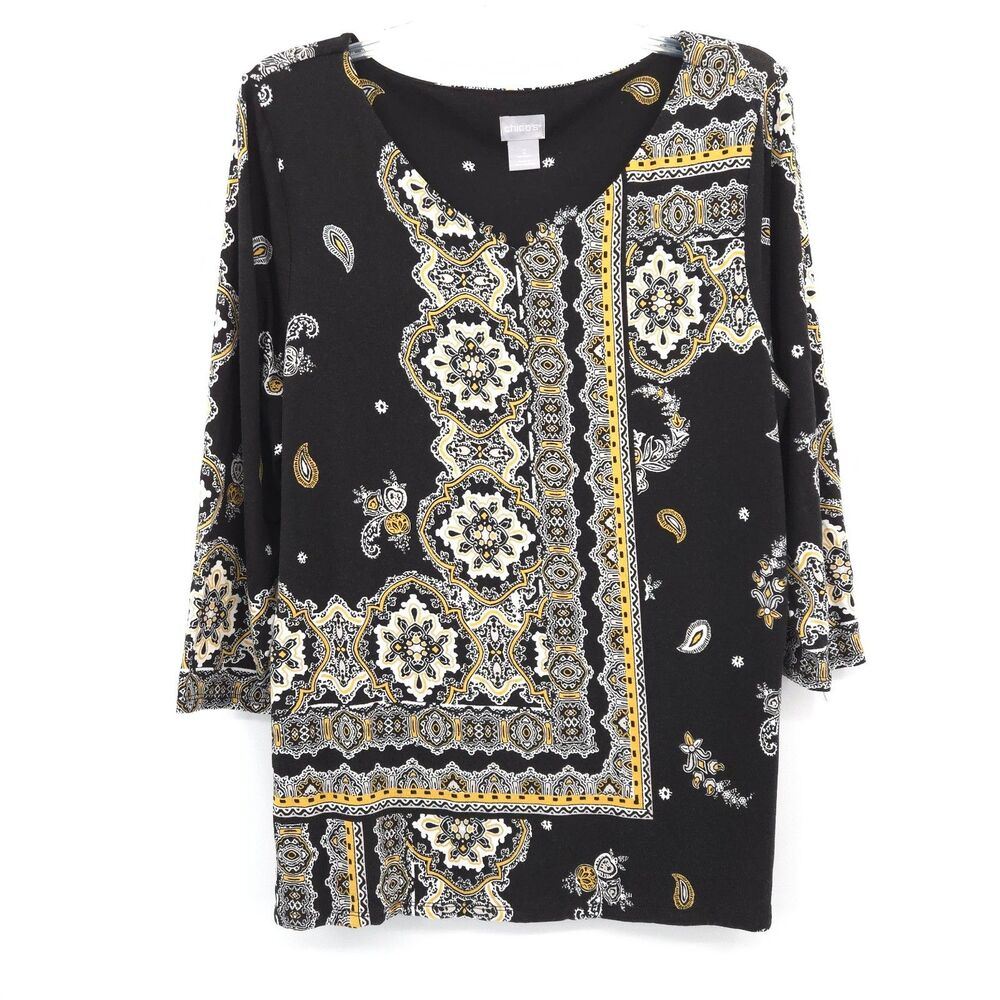 Chico's paisley soft knit tunic‎ top womens Size 2 (L) black yellow 3/4 sleeve